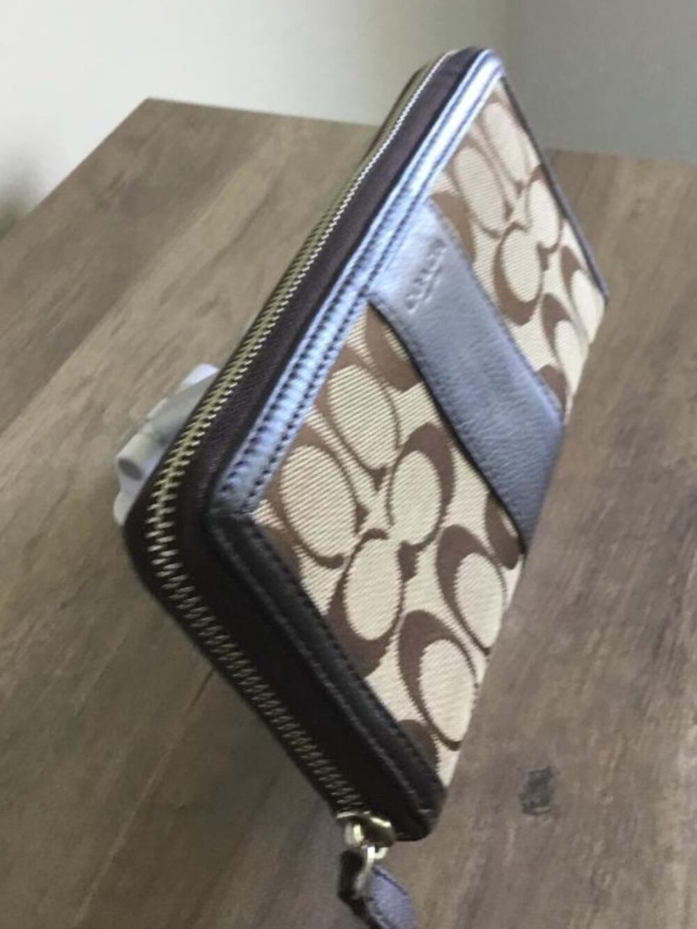 Coach Brown Accordion Large Zip Wallet Signature Monogram Canvas w/Leather Trim - Picture 3 of 7